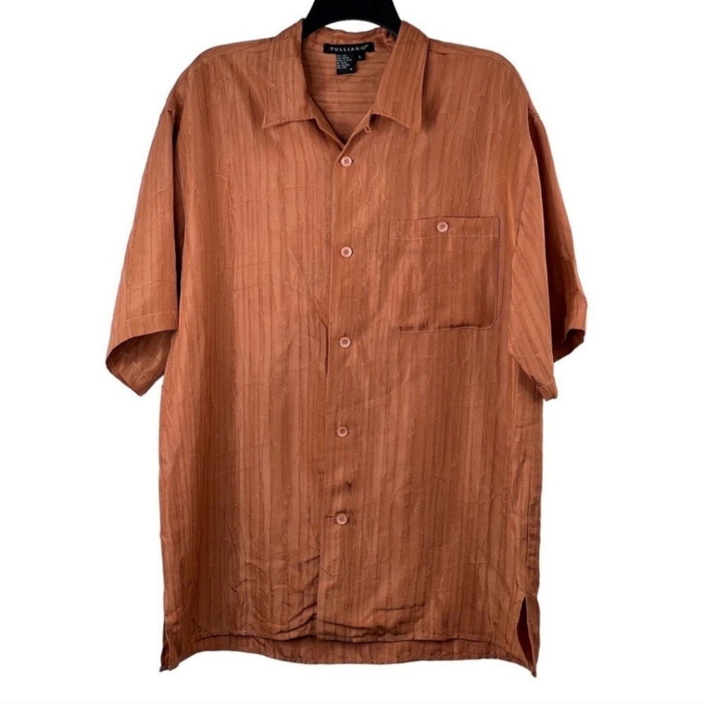 Tulliano Short Sleeve Silk Blend Dark Orange Button Down Shirt Size Large